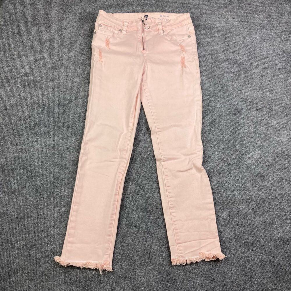 7 For All Mankind Jeans Girls Size 12 Pink Ankle Skinny Distressed Raw Hem Zip
